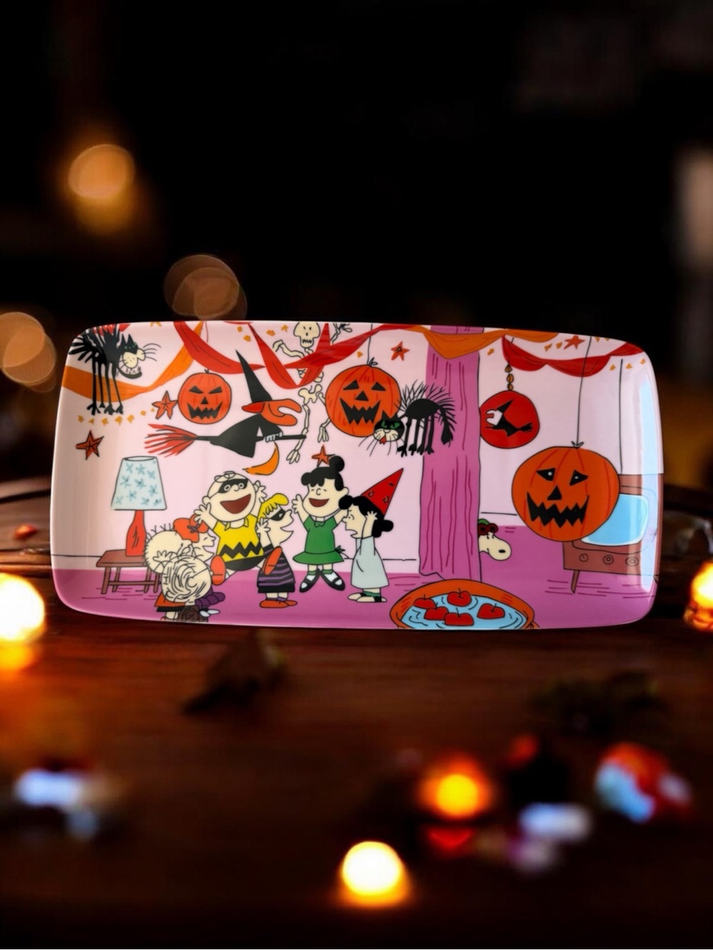 Peanuts Snoopy Charlie Brown Halloween Party Scene Ceramic Serving Tray Pink NWT